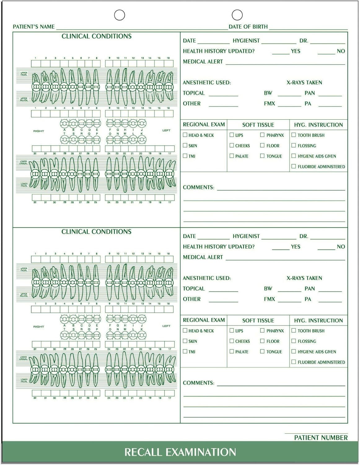 Dental Recall Exam Form (100/Package)