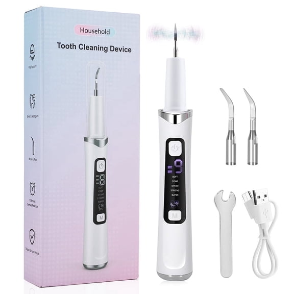 Tooth Scraper Plaque Tartar Remover, Teeth Cleaning Kit, Dental Plaque Removal Tool with 5 Cleaning & LED Modes, 9 Intensity Levels, 10min Auto Off, 2 Replaceable Tips for Teeth Cleaning