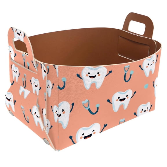 Dental Teeth Storage Basket Collapsible Storage Bin, PU Foldable Basket Convenient Box Storage Organizer with Handles for Shelves Office Bedroom Closet Nursery Toys Laundry