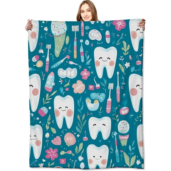 Dental Tooth Fairy Blanket,50x60in,Cute Toothbrushe Floss Teal Throw Blankets,Dental Hygienist Gifts for Kids Adult, Lightweight Soft Fleece Cozy,for Sofa Couch Bed Room Modern Decor