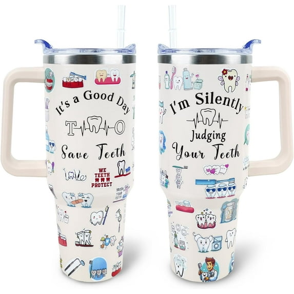 Dental Tumbler 40 oz Tumbler with Handle and Straw Lid Leak Proof - Birthday Gifts for Women Travel Coffee Mug Insulated for Hot Cold Ice - Dental Assistant Gifts for Women Mom Mothers Day