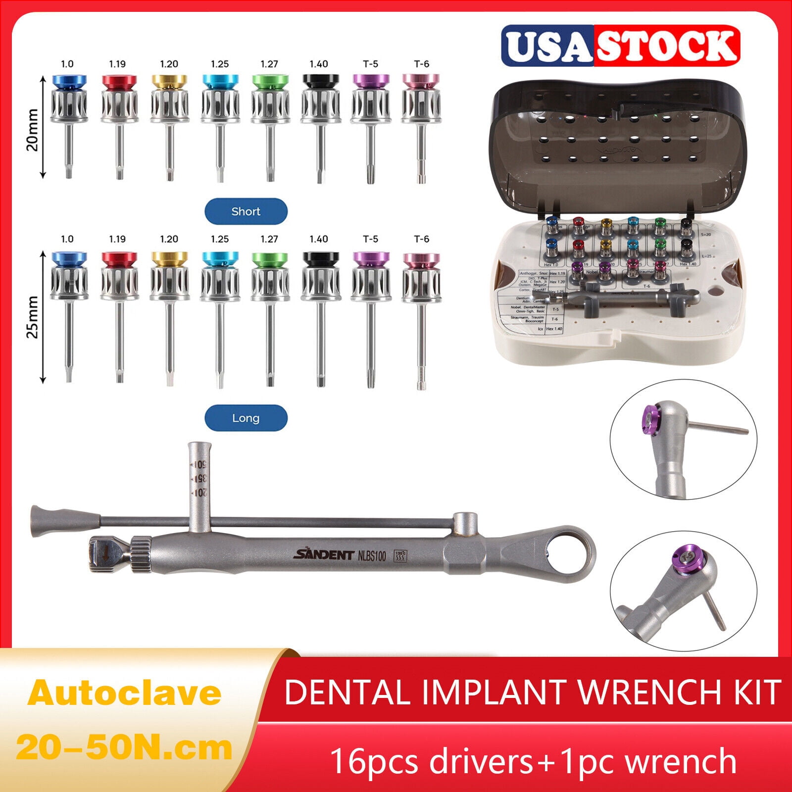 Kit Clé à Couple Dentaire Universelle Pour Implants - 16 Embouts, Stérilisable, Marque SANDENT