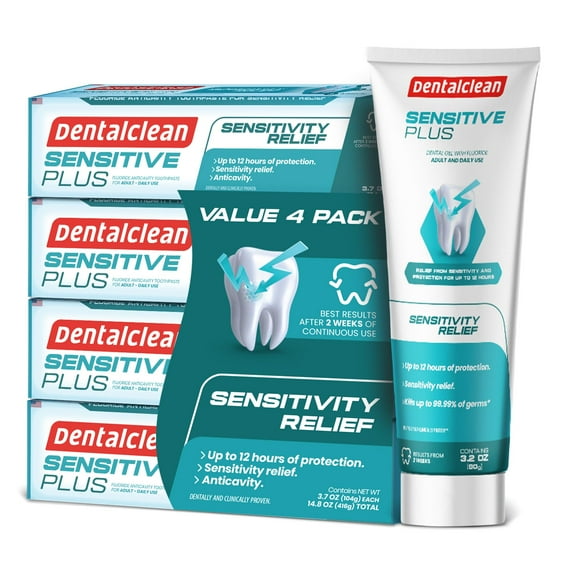 Dentalclean Pack of 4 Sensitive Gel Toothpaste – Mild Mint Flavor, 1100 ppm Fluoride – Adult Oral Care, 3.7 oz / 104 g Each