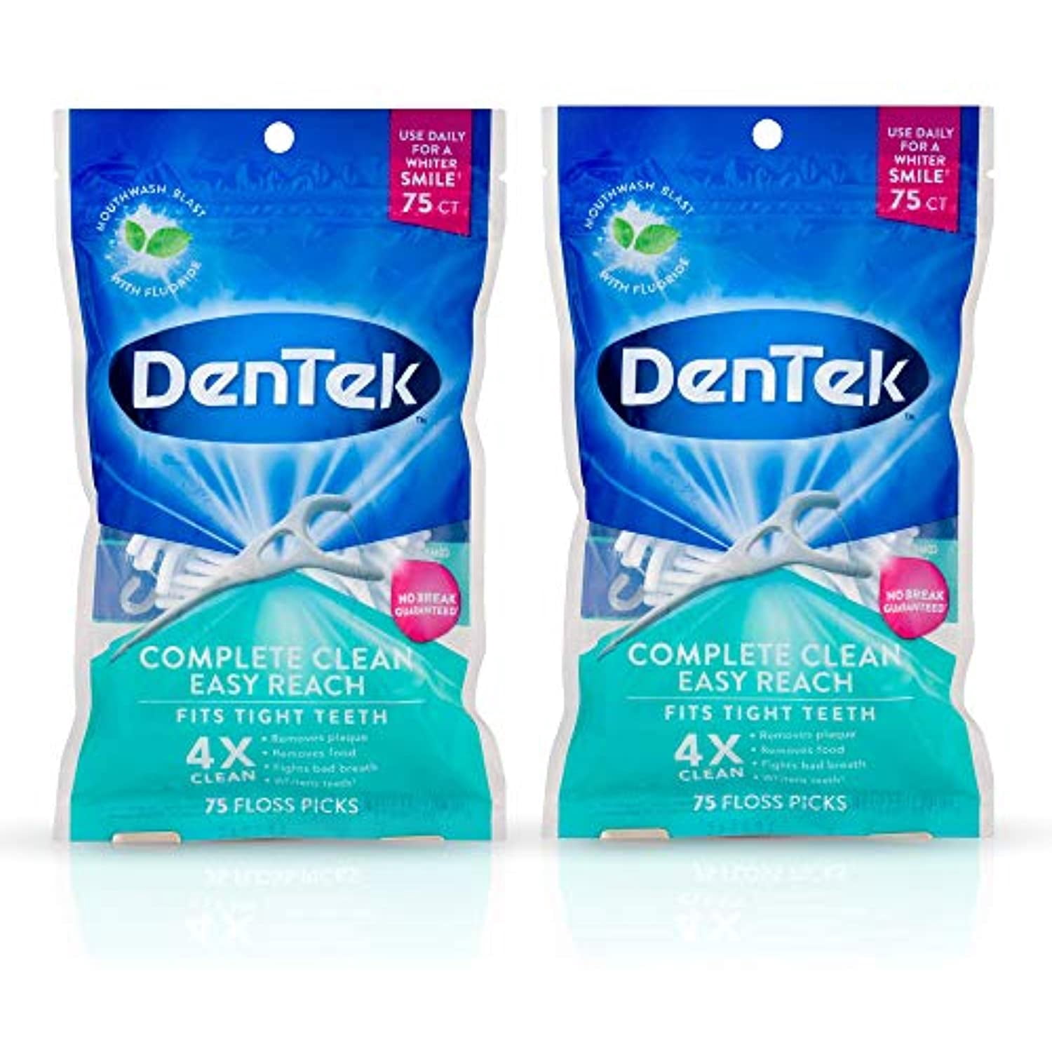 Dentek Complete Clean | Fresh Mint | Easy Reach Angled Floss Picks | No Break & No Shred Floss | 75 Each | Pack Of 2