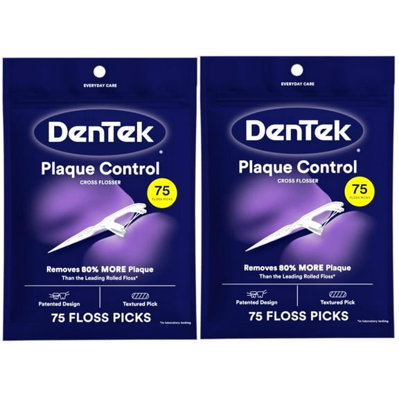 Dentek Cross Flosser Plaque Control Floss Picks, Unique X-Shaped Floss, Flouride Infused Floss Strands, Mouthwash Blast Flavor, 75 Count In Each Pouch (Pack Of 2)