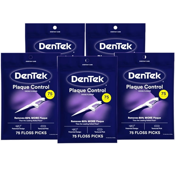 DenTek Cross Flosser Plaque Control Floss Picks, X-Shaped Floss, 75 Count, (Pack of 5)