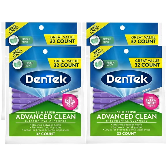 DenTek Slim Brush Advanced Clean Interdental Cleaners, Tight, Fresh Mint, 32 Count - 4 Pack