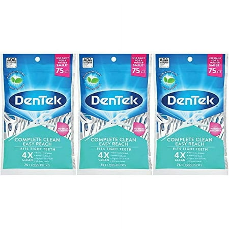 DenTek Complete Clean Easy Reach Floss Picks, No Break & No Shred Floss, 75 Count (3 Pack)