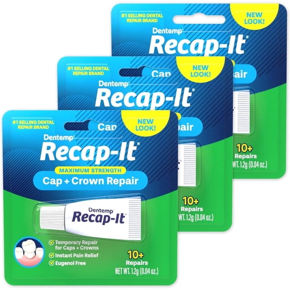 Dentemp Recap-It Cap and Crown Dental Repair Kit with Fast Acting Formula, 3 Piece