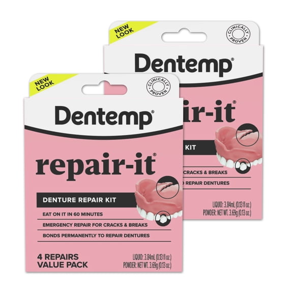 Dentemp Repair-It - Denture Repair Kit- Repairs Broken Dentures, Mends Cracks and Replace Loose Teeth - 2 Pack, 8 Count Value Pack