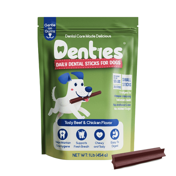 Denties Dental Chews for Dogs – Dental Sticks for Small Dogs (Up to 22 lbs), Dog Dental Treats for Teeth Cleaning & Fresh Breath Support, Plaque & Tartar Care, Chicken & Beef Recipe – 35 Sticks