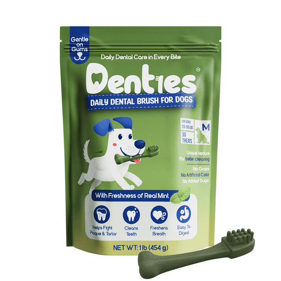 Denties Dental Chews for Dogs–Vet Recommended Dental Dog Treats for Regular/Medium Dogs(23 to 50 lbs),Cleans Teeth, Freshens Breath,Reduce Plaque,Mint Chicken & Beef Recipe,16 oz Pack,30 Count