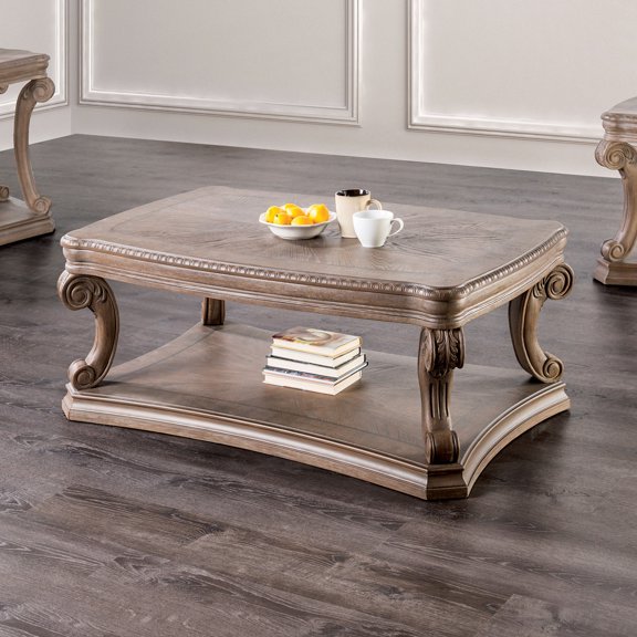 Dentil Moldings Traditional Style Coffee Table With Scroll Carved Details Legs And Open Bottom Shelf Living Room Oak Finish