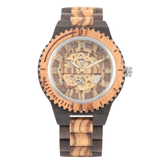 Dentily Men's Wooden Triangle Skeleton Automatic Mechanical Timekeeper Watch