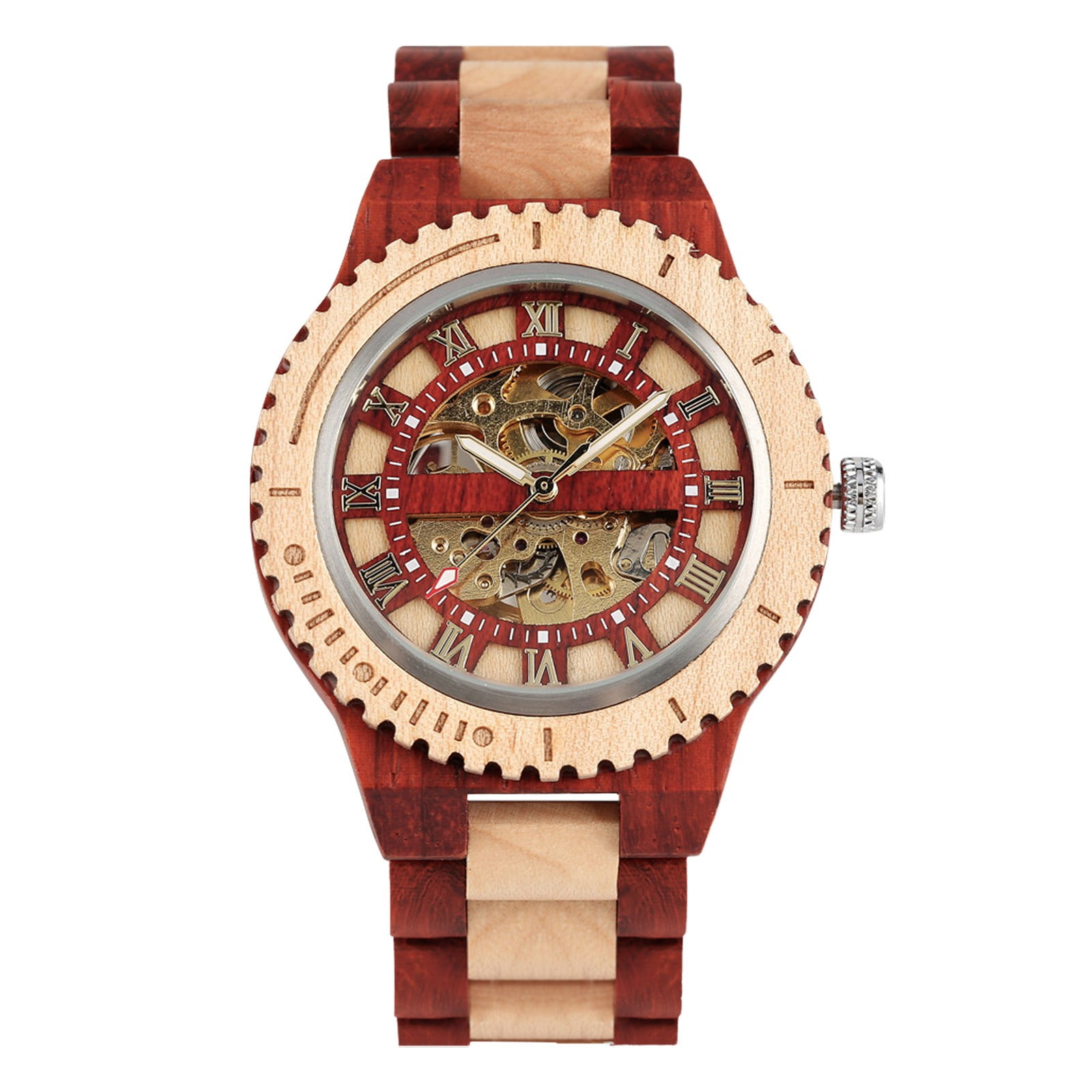 Dentily Men's Wooden Triangle Skeleton Automatic Timepiece Mechanical Wood Timekeeper For Men