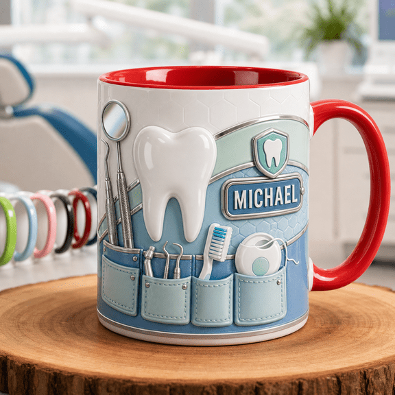 Dentist Dad Accent Mug Custom Name Father’s Day Gift with Tooth Icon & Dental Tools
