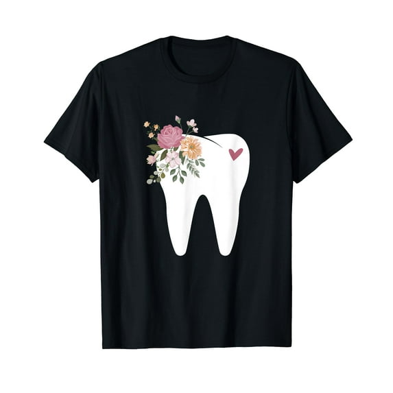 Dentist Dental Assistant Oral Hygienist Tooth Flower Black T-Shirt