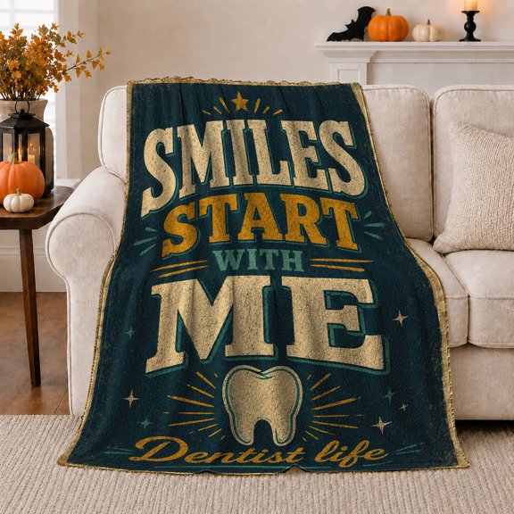 Dentist Life Smiles Start Me Vintage Typography Dental, Cozy Typography Art Scene, Warm Flannel Blanket for Living Room and Reading Nook, Art Lovers Appreciation Gift, Artistic Home Decor