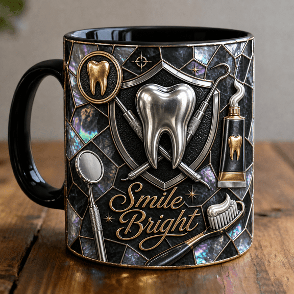 Dentist Mug 3D Effect Gold Metallic Tooth Design for Dental Office Coffee Breaks