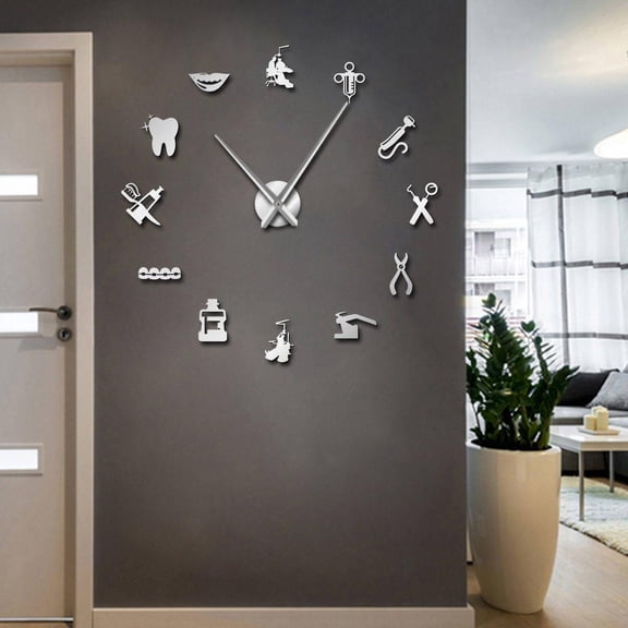Dentist Tools Frameless 3D Wall Clock Dental Practitioners Clinic Stomatological Hospital Orthodontics Room Art Decor Clock(Silver,37inch)