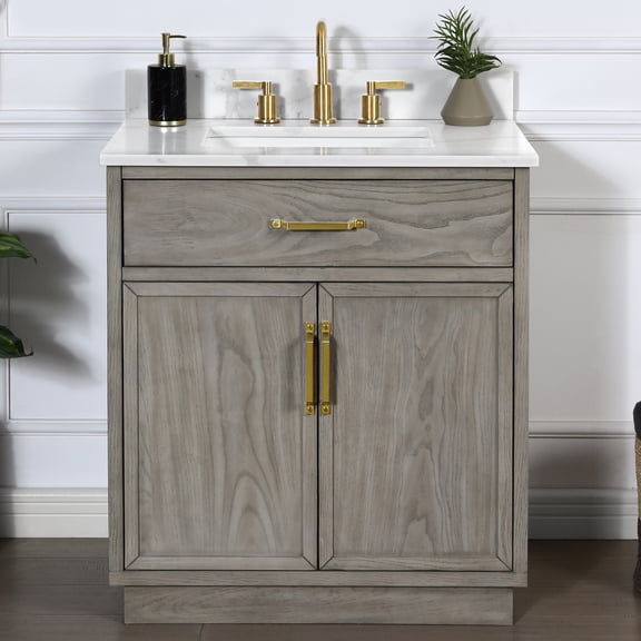Denton 30" Single Bathroom Vanity, 31" W x 22" D x 34.5" H, Calacatta Quartz Top with Sink & Backsplash, Solid Wood, Natural Elm Veneer, Pre-Assembled, Soft-Closing Doors & Till-Out Drawer