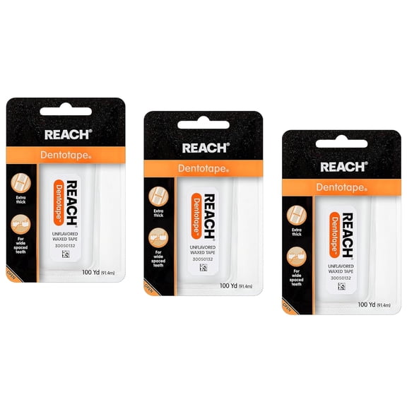 Dentotape Waxed Dental Floss with Extra Wide Cleaning Surface for Large Spaces between Teeth, Unflavored, 100 Yards (Pack of 3)