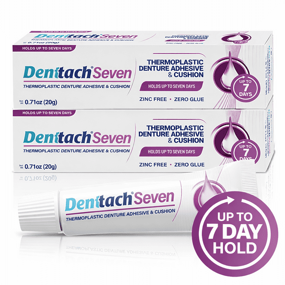 Denttach Seven Denture Adhesive, Thermoplastic Cushion fit Up to 7 Day Hold  Zinc-Free 2 Pack