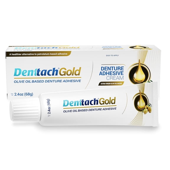 Denttach Gold Denture Adhesive, Olive Oil Based Denture Cream, Zinc-Free, 2.4 oz
