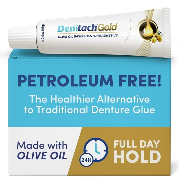 Denttach Gold Denture Adhesive Cream, Strong All-Day Hold, Olive Oil Based Denture Glue, Zinc-Free, Petroleum Free 2.4 oz