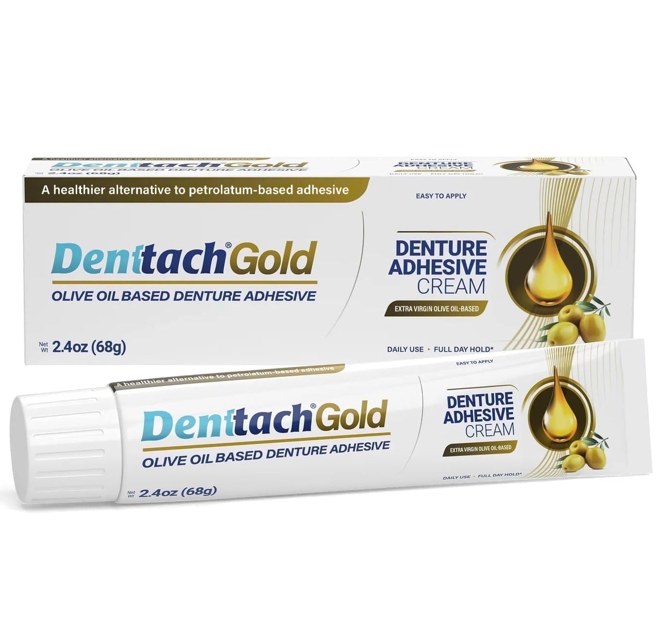 Denttach Gold Denture Adhesive, Premium Olive Oil Based Denture Glue, Petroleum Free, Zinc Free
