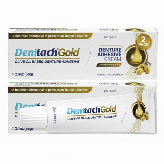 Denttach Gold Ultra Secure Denture Adhesive, Petroleum Free Olive Oil Based Premium Dental Adhesive for Full and Partial Dentures, Zinc Free 2.4 Ounce 2 Pack