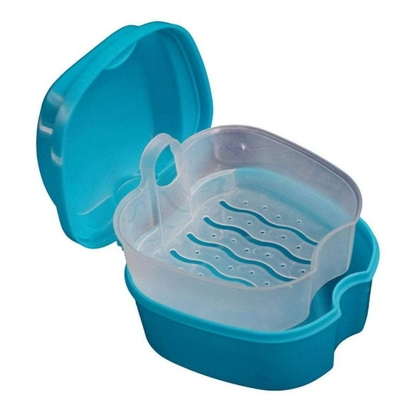 Denture Bath Case Cup Box Holder Storage Soak Container with Strainer Basket for Travel Cleaning (Light Blue)