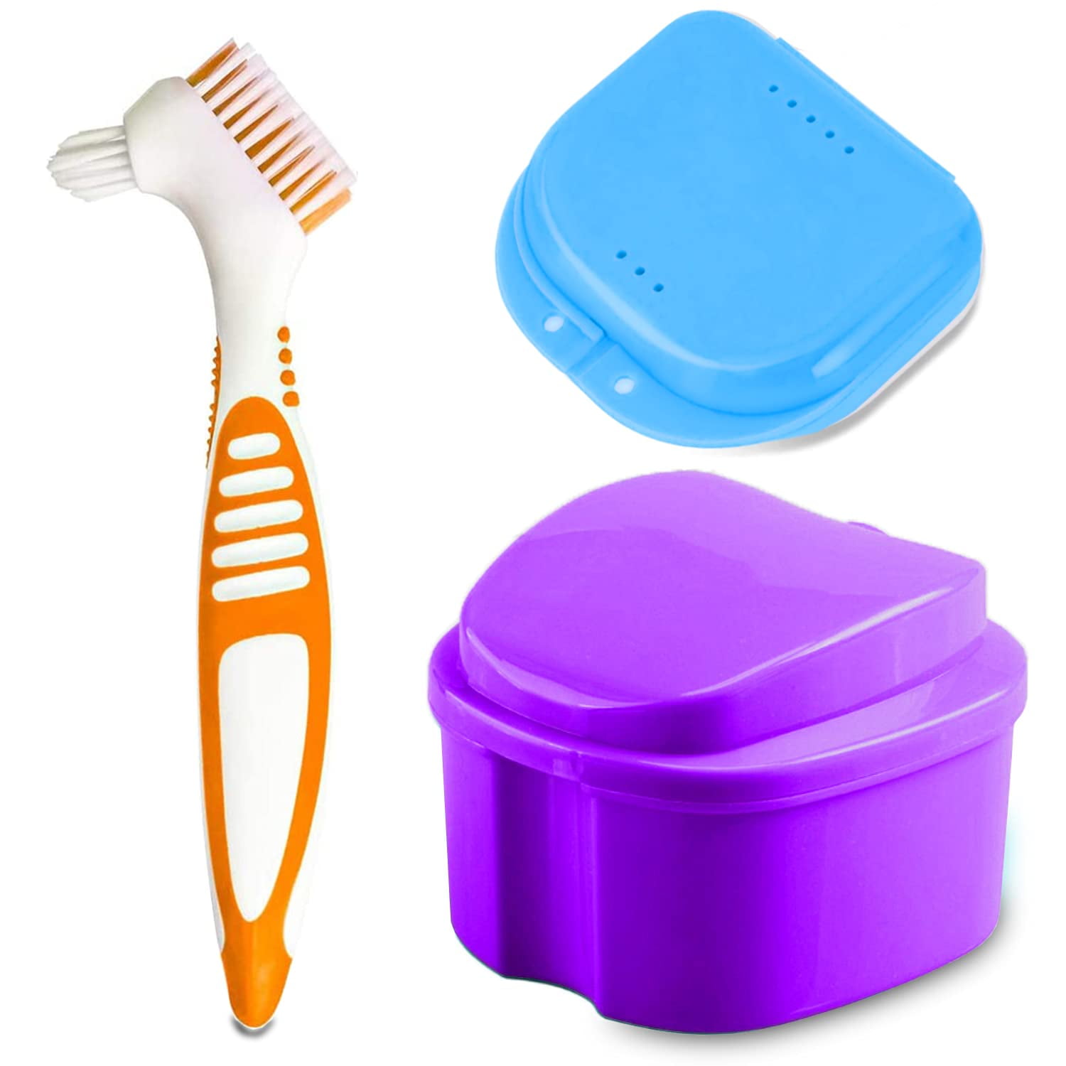 Denture Bath Case Cup with Denture Cleaner Brush & Retainer Holder Box ...