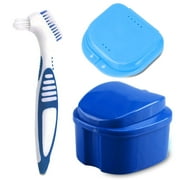 Denture Bath Case Cup with Denture Cleaner Brush & Retainer Holder Box, Complete Clean Care for Dentures, Clear Braces, Mouth Guard, Night Guard & Retainers,Traveling
