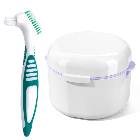 Denture Bath Case Cup Denture Storage Box Holder Container with Denture Cleaner Brush Strainer Basket for Travel Denture Cleaning