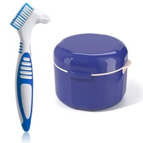 Denture Bath Case Cup Denture Storage Box Holder Container with Denture Cleaner Brush Strainer Basket for Travel Denture Cleaning