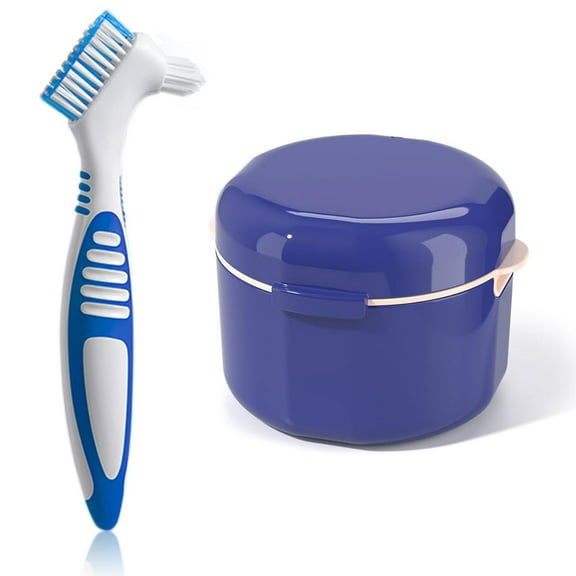 Denture Bath Case Cup Denture Storage Box Holder Container with Denture Cleaner Brush Strainer Basket for Travel Denture Cleaning