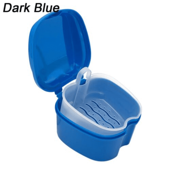 Denture Bath Case Dental False Teeth Storage Box w/ Hanging Net Container ~2025-Dark blue