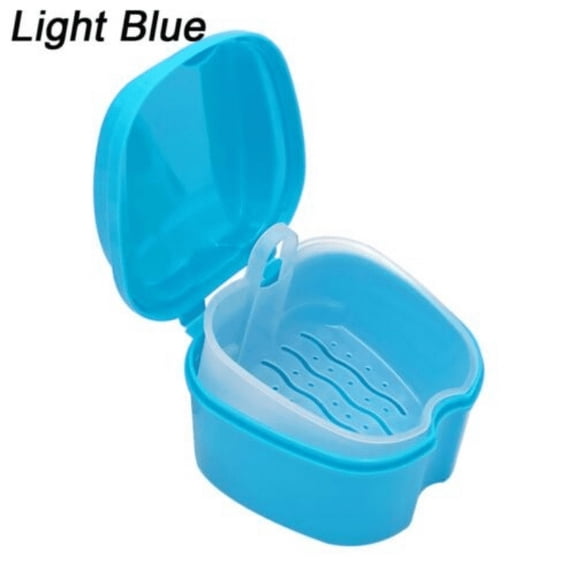 Denture Bath Case Dental False Teeth Storage Box w/ Hanging Net Container ~2025-Light blue