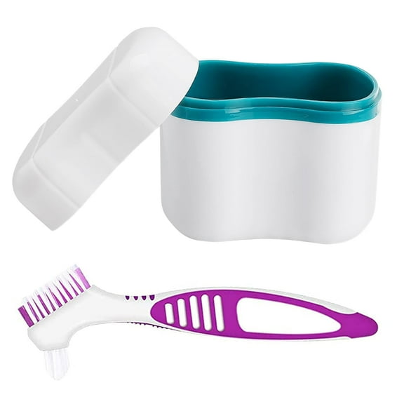 Denture Bath Case with Basket Denture Bath Cleaning Box Container Soaking Cup Cleaner Retainer Case Holder with Brush for Dentures for False Teeth