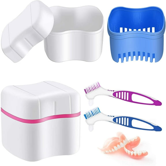 Denture Bath Kit - 2 Denture Bath Cups & 2 Denture Cleaner Brushes & 2 Strainer Baskets - Ideal for Dentures, Retainers & Mouthguards