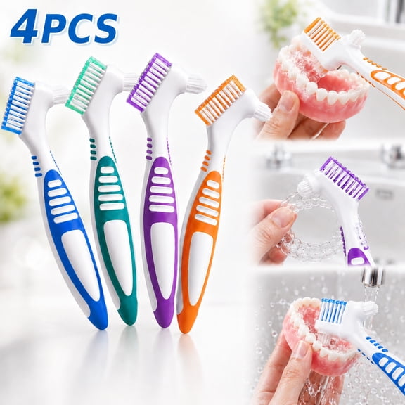 Denture Brush 4Pcs Denture ToothbrushesDenture Cleaning Care Cleaning Brush Double Sided ToothbrushMulti-Layered Bristles and Rubber Anti-Slip Handle
