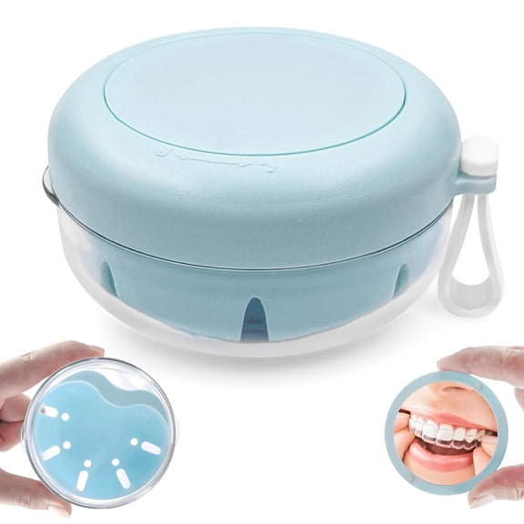 Denture Case & Cup, Travel Retainer Case with Mirror, No-Leak False Teeth Cleaning Container: Full & Partial Dentures Soaking, Denture Bath Holder for Mouth Guards, Braces, Aligners (Blue)