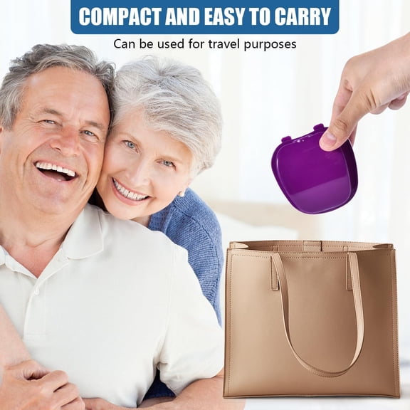 Denture Case,Denture Bath Box False Teeth Storage Box with Basket Net,Container with Strainer Basket for Travel Cleaning(Purple)