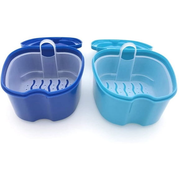 Denture Case Denture Box Case Denture Bath Box Case Dental False Teeth Storage Box With Hanging Net Container (Light Blue)