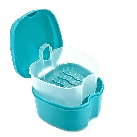 Denture Case, Denture Box with Strainer, Night Cleaner Denture Bath Box for Retainer, Mouthguard, False Teeth, and Denture Cleaning (Teal)