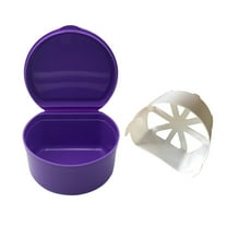 Denture Case, Denture Cup with Strainer, Coolrunner Denture Bath Box False Teeth Storage Box with Basket Net Container Holder for Travel, Retainer Cleaning Purple Purple