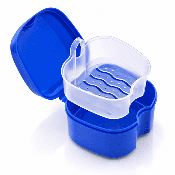 Denture Case,Denture Cup with Strainer,Denture Bath Box False Teeth Storage Box with Basket Net Container Holder for Travel,Retainer Cleaning (Blue) (Dark Blue)