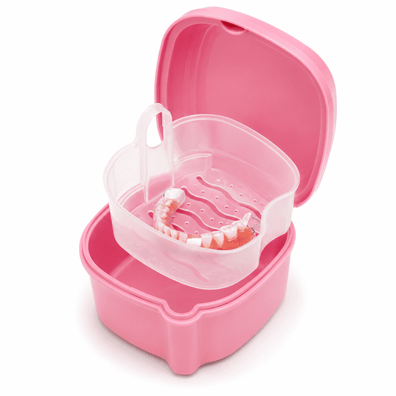 Denture Case,Denture Cup with Strainer,Denture Bath Box False Teeth Storage Box with Basket Net Container Holder for Travel,Retainer Cleaning(Pink)