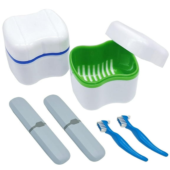 Denture Case Kit, 2 Denture Bath Cups with 2 Denture Brush & 2 Portable Toothbrush Box, Denture Brush Retainer Bath with Lid, Retainer Cleaning Denture Boxes, Toothbrush Kit for Travel